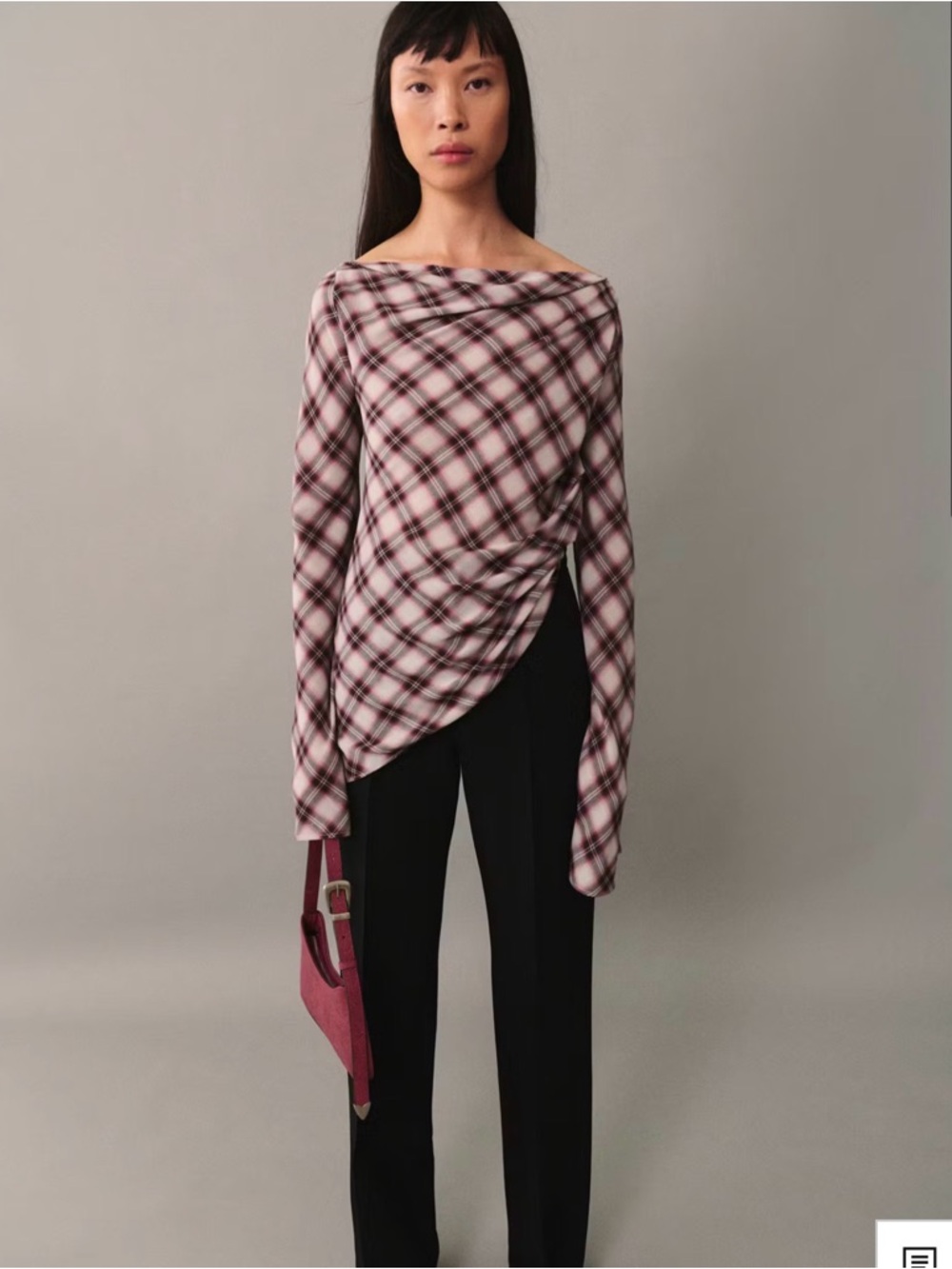 Mango Pink and Black Plaid Off-Shoulder Draped Blouse